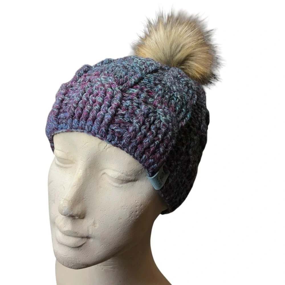 Cable Knit Crochet Beanie Hat Handcrafted With Faux Fur Pom Handmade Purple Blue